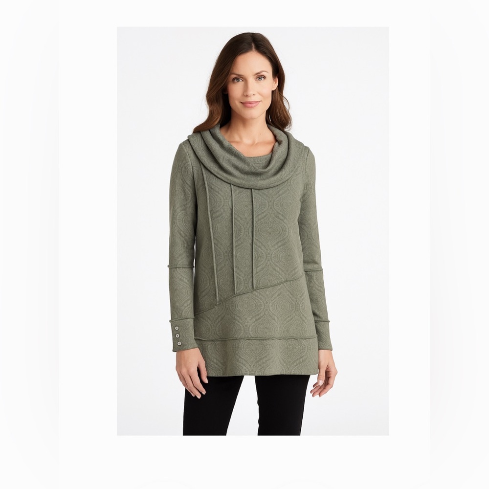 NWT Soft Surroundings Cowl Neck Sean Detail Tunic Top Olive Green large $110